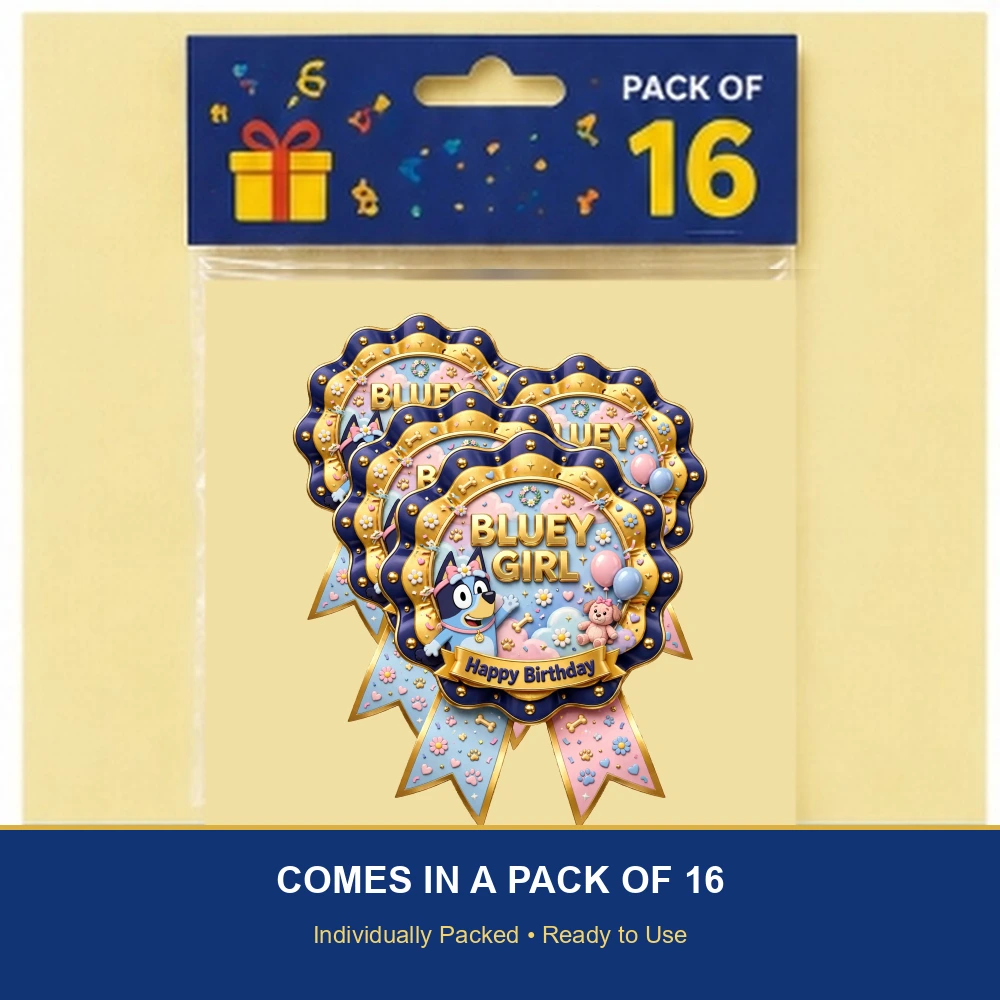 Bluey Girl Theme Theme Badges Birthday Party Supplies (PACK OF 16) - 300 GSM Premium Cardstock with Pin (3.7 x 3 Inch) - Premium Party Decor Supply by Party Decor Mall - View 6