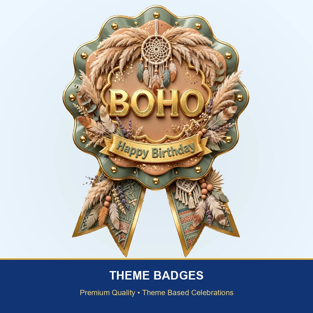 Boho Theme Theme Badges Birthday Party Supplies (PACK OF 16) - 300 GSM Premium Cardstock with Pin (3.7 x 3 Inch) - Premium Party Decor Supply by Party Decor Mall - View 2