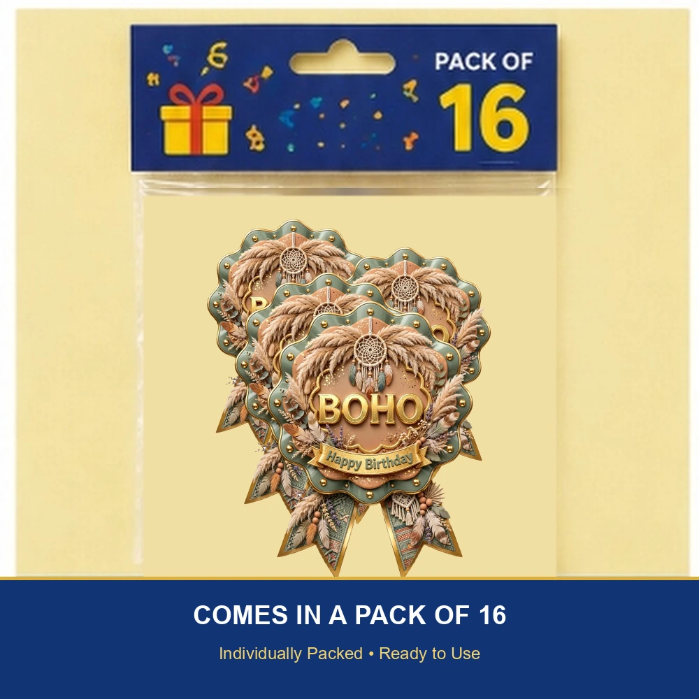 Boho Theme Theme Badges Birthday Party Supplies (PACK OF 16) - 300 GSM Premium Cardstock with Pin (3.7 x 3 Inch) - Premium Party Decor Supply by Party Decor Mall - View 6