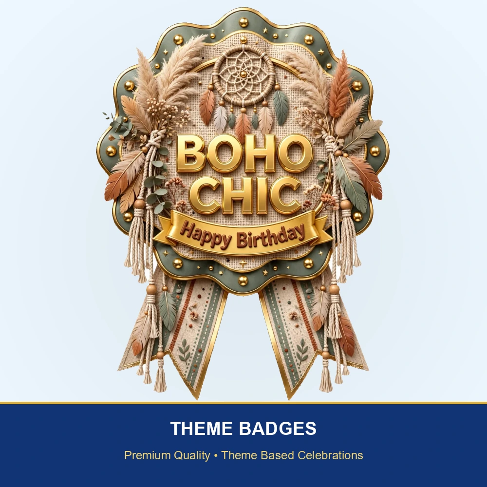 Boho Chic Theme Theme Badges Birthday Party Supplies (PACK OF 16) - 300 GSM Premium Cardstock with Pin (3.7 x 3 Inch) - Premium Party Decor Supply by Party Decor Mall - View 2