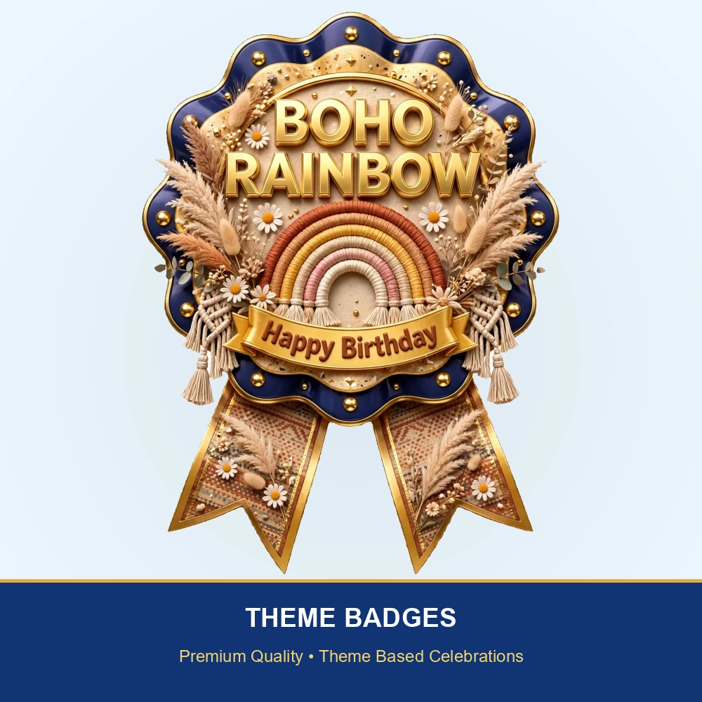 Boho Rainbow Theme Theme Badges Birthday Party Supplies (PACK OF 16) - 300 GSM Premium Cardstock with Pin (3.7 x 3 Inch) - Premium Party Decor Supply by Party Decor Mall - View 2