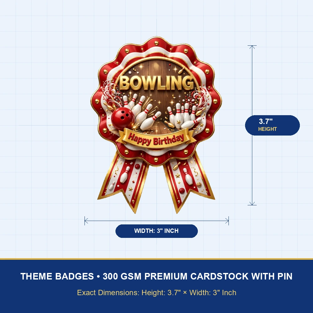 Bowling Theme Theme Badges Birthday Party Supplies (PACK OF 16) - 300 GSM Premium Cardstock with Pin (3.7 x 3 Inch) - Premium Party Decor Supply by Party Decor Mall - View 4