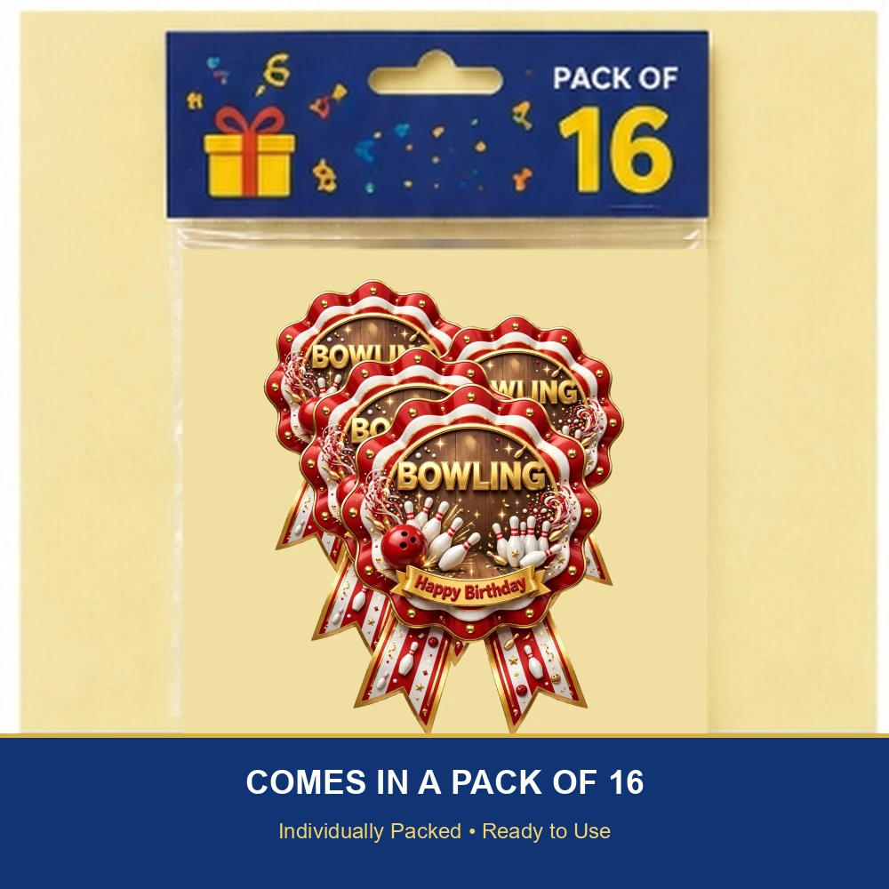 Bowling Theme Theme Badges Birthday Party Supplies (PACK OF 16) - 300 GSM Premium Cardstock with Pin (3.7 x 3 Inch) - Premium Party Decor Supply by Party Decor Mall - View 6