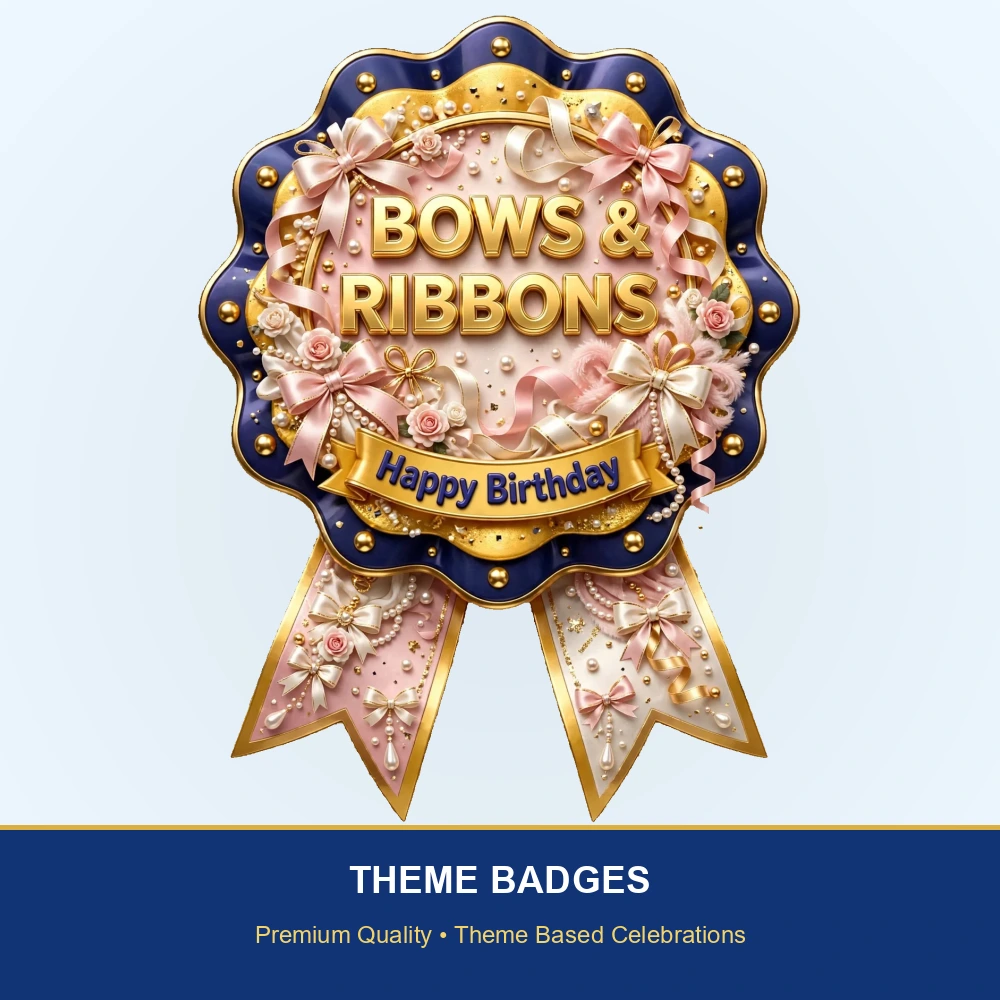 Bows & Ribbons Theme Theme Badges Birthday Party Supplies (PACK OF 16) - 300 GSM Premium Cardstock with Pin (3.7 x 3 Inch) - Premium Party Decor Supply by Party Decor Mall - View 2