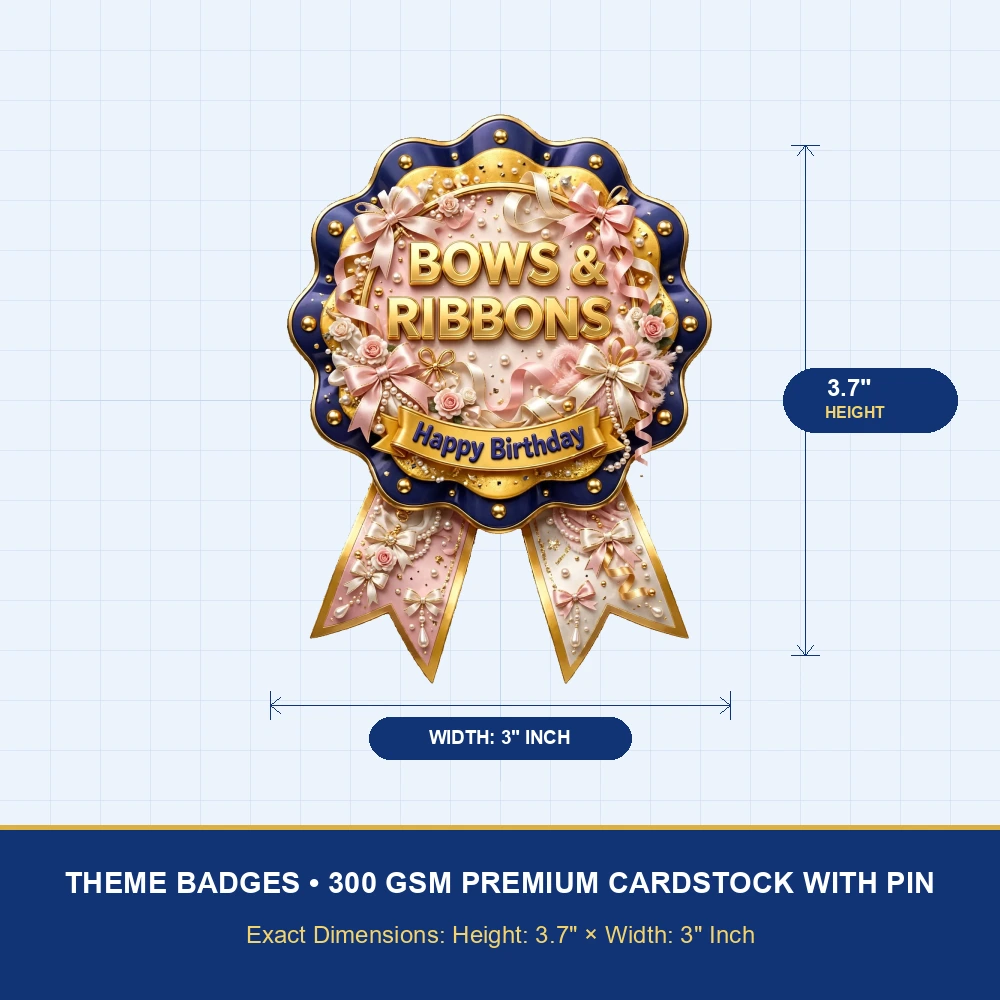 Bows & Ribbons Theme Theme Badges Birthday Party Supplies (PACK OF 16) - 300 GSM Premium Cardstock with Pin (3.7 x 3 Inch) - Premium Party Decor Supply by Party Decor Mall - View 4