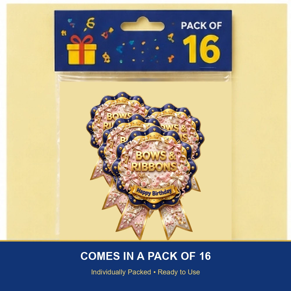 Bows & Ribbons Theme Theme Badges Birthday Party Supplies (PACK OF 16) - 300 GSM Premium Cardstock with Pin (3.7 x 3 Inch) - Premium Party Decor Supply by Party Decor Mall - View 6