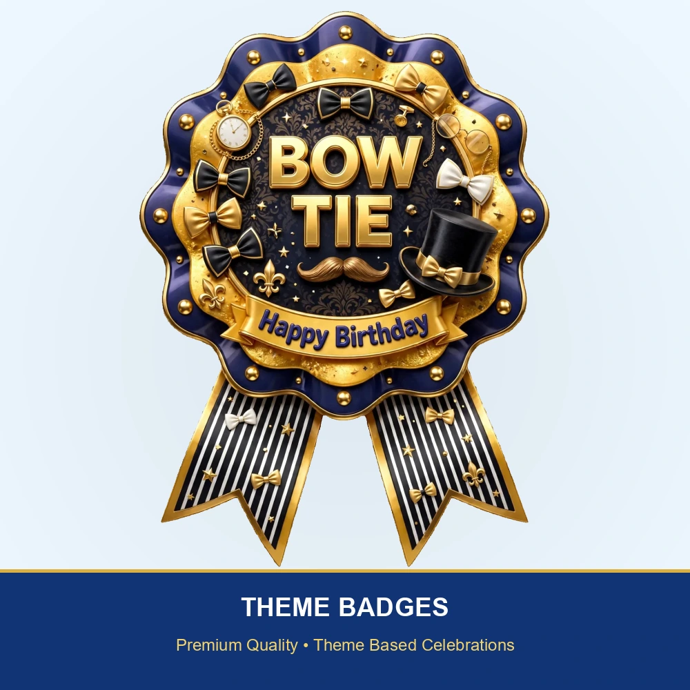 Bow Tie Theme Theme Badges Birthday Party Supplies (PACK OF 16) - 300 GSM Premium Cardstock with Pin (3.7 x 3 Inch) - Premium Party Decor Supply by Party Decor Mall - View 2