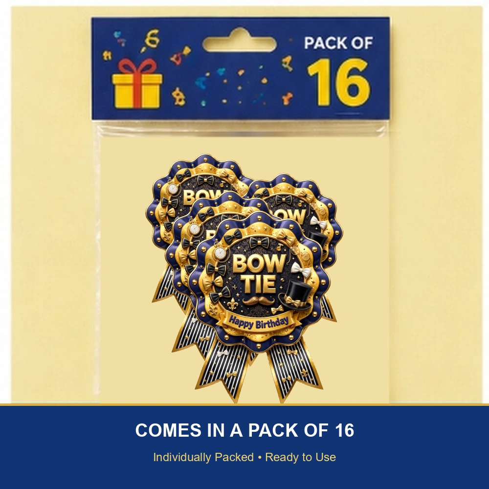 Bow Tie Theme Theme Badges Birthday Party Supplies (PACK OF 16) - 300 GSM Premium Cardstock with Pin (3.7 x 3 Inch) - Premium Party Decor Supply by Party Decor Mall - View 6