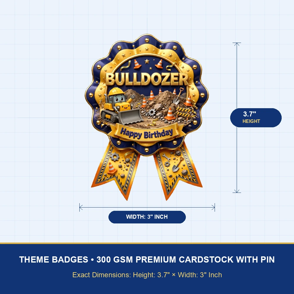 Bulldozer Theme Theme Badges Birthday Party Supplies (PACK OF 16) - 300 GSM Premium Cardstock with Pin (3.7 x 3 Inch) - Premium Party Decor Supply by Party Decor Mall - View 4