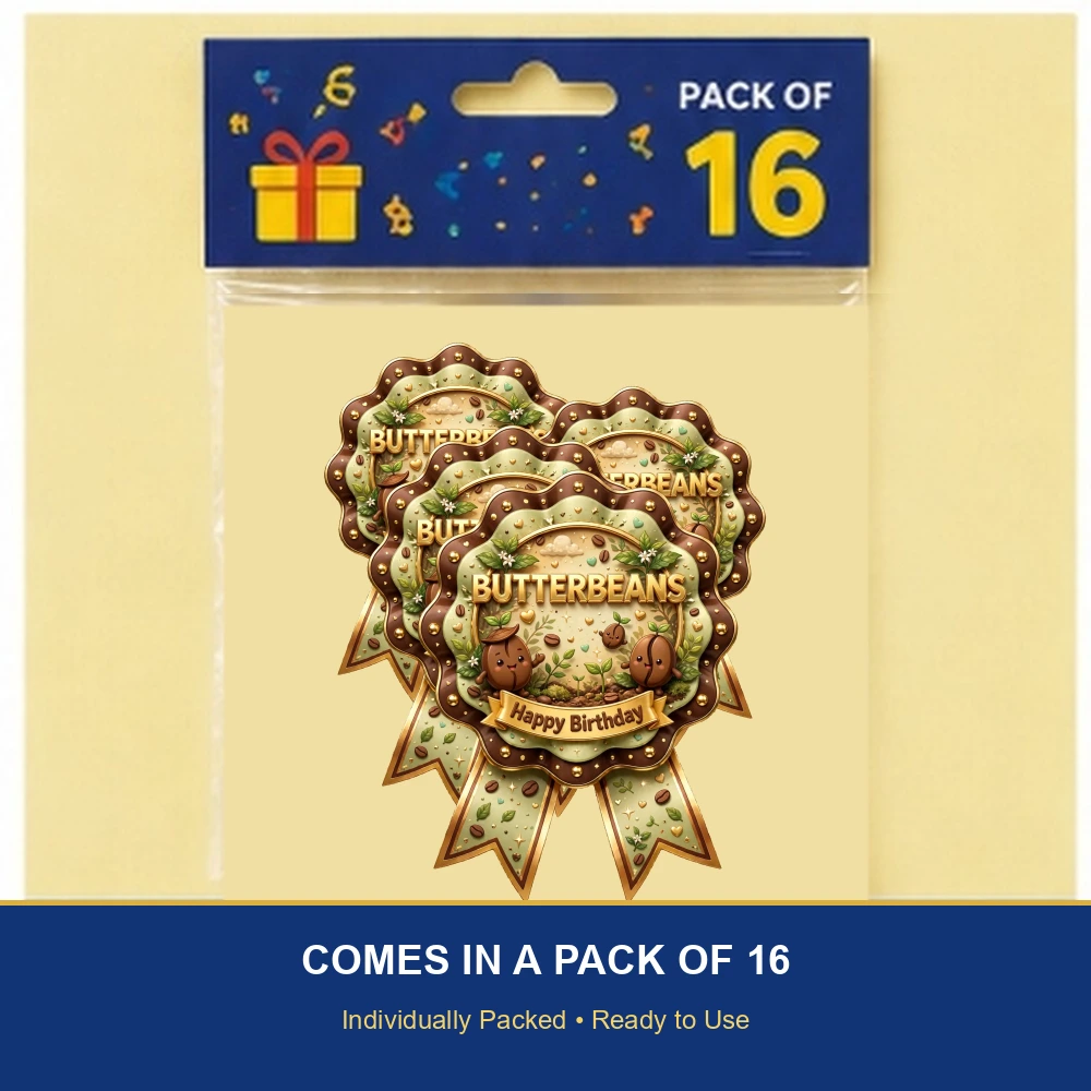 Butterbeans Theme Theme Badges Birthday Party Supplies (PACK OF 16) - 300 GSM Premium Cardstock with Pin (3.7 x 3 Inch) - Premium Party Decor Supply by Party Decor Mall - View 6
