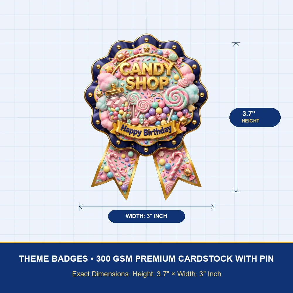 Candy Shop Theme Theme Badges Birthday Party Supplies (PACK OF 16) - 300 GSM Premium Cardstock with Pin (3.7 x 3 Inch) - Premium Party Decor Supply by Party Decor Mall - View 4