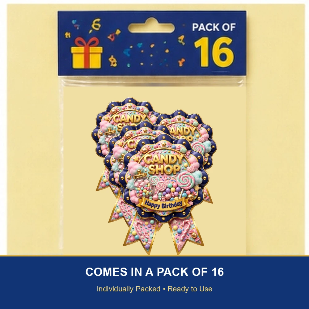 Candy Shop Theme Theme Badges Birthday Party Supplies (PACK OF 16) - 300 GSM Premium Cardstock with Pin (3.7 x 3 Inch) - Premium Party Decor Supply by Party Decor Mall - View 6