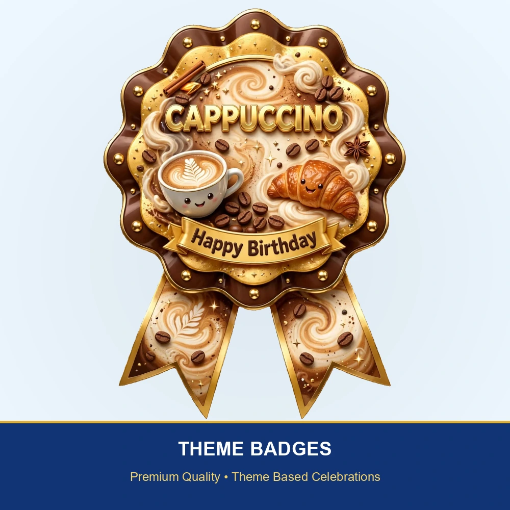 Cappuccino Theme Theme Badges Birthday Party Supplies (PACK OF 16) - 300 GSM Premium Cardstock with Pin (3.7 x 3 Inch) - Premium Party Decor Supply by Party Decor Mall - View 2