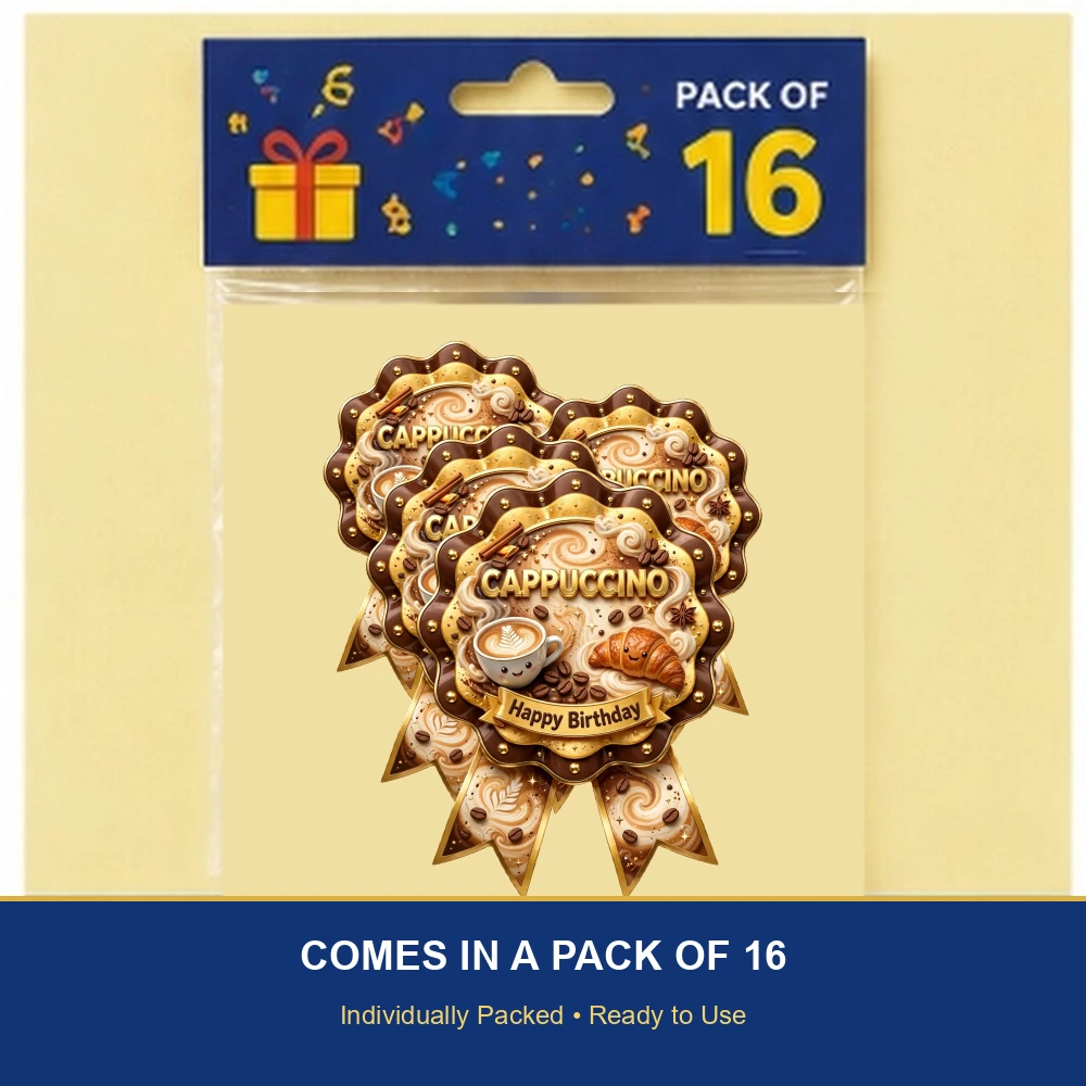 Cappuccino Theme Theme Badges Birthday Party Supplies (PACK OF 16) - 300 GSM Premium Cardstock with Pin (3.7 x 3 Inch) - Premium Party Decor Supply by Party Decor Mall - View 6