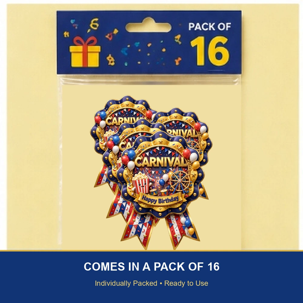 Carnival Theme Theme Badges Birthday Party Supplies (PACK OF 16) - 300 GSM Premium Cardstock with Pin (3.7 x 3 Inch) - Premium Party Decor Supply by Party Decor Mall - View 6