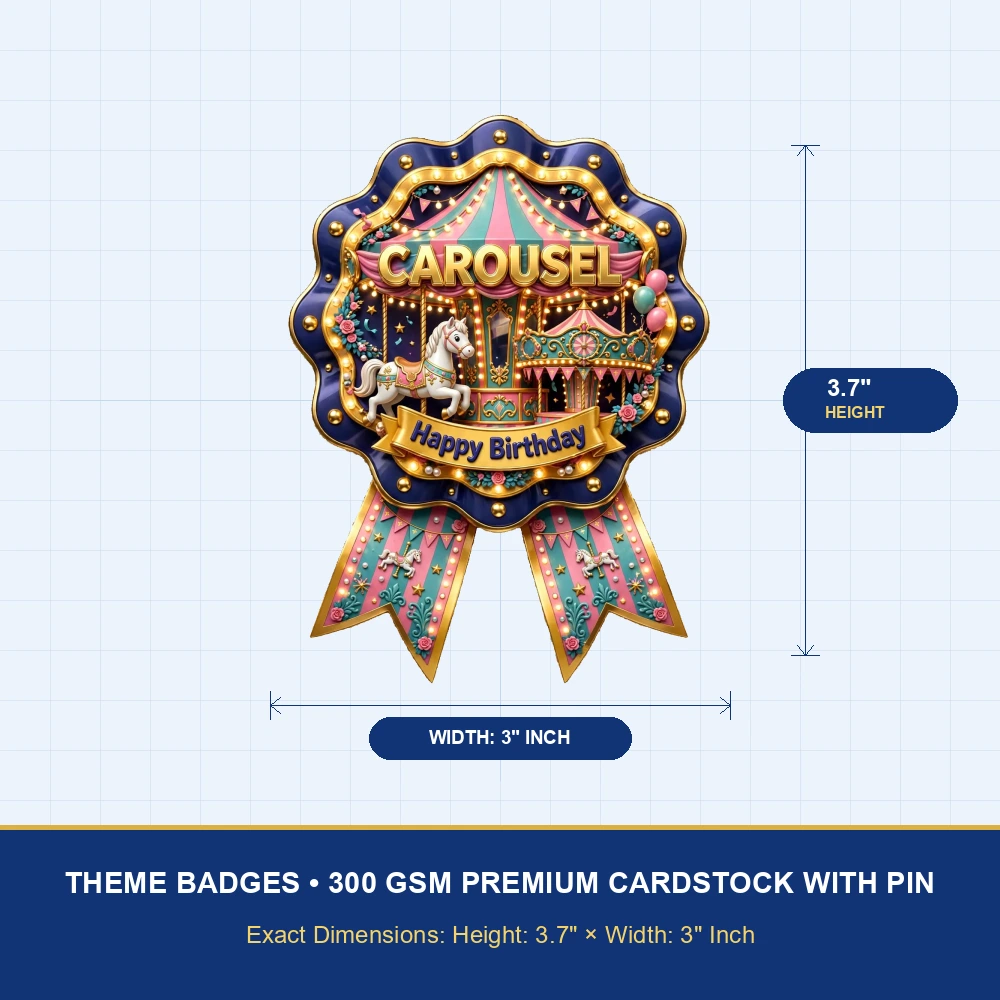 Carousel Theme Theme Badges Birthday Party Supplies (PACK OF 16) - 300 GSM Premium Cardstock with Pin (3.7 x 3 Inch) - Premium Party Decor Supply by Party Decor Mall - View 4
