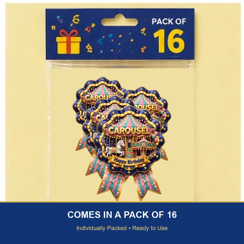 Carousel Theme Theme Badges Birthday Party Supplies (PACK OF 16) - 300 GSM Premium Cardstock with Pin (3.7 x 3 Inch) - Premium Party Decor Supply by Party Decor Mall - View 6
