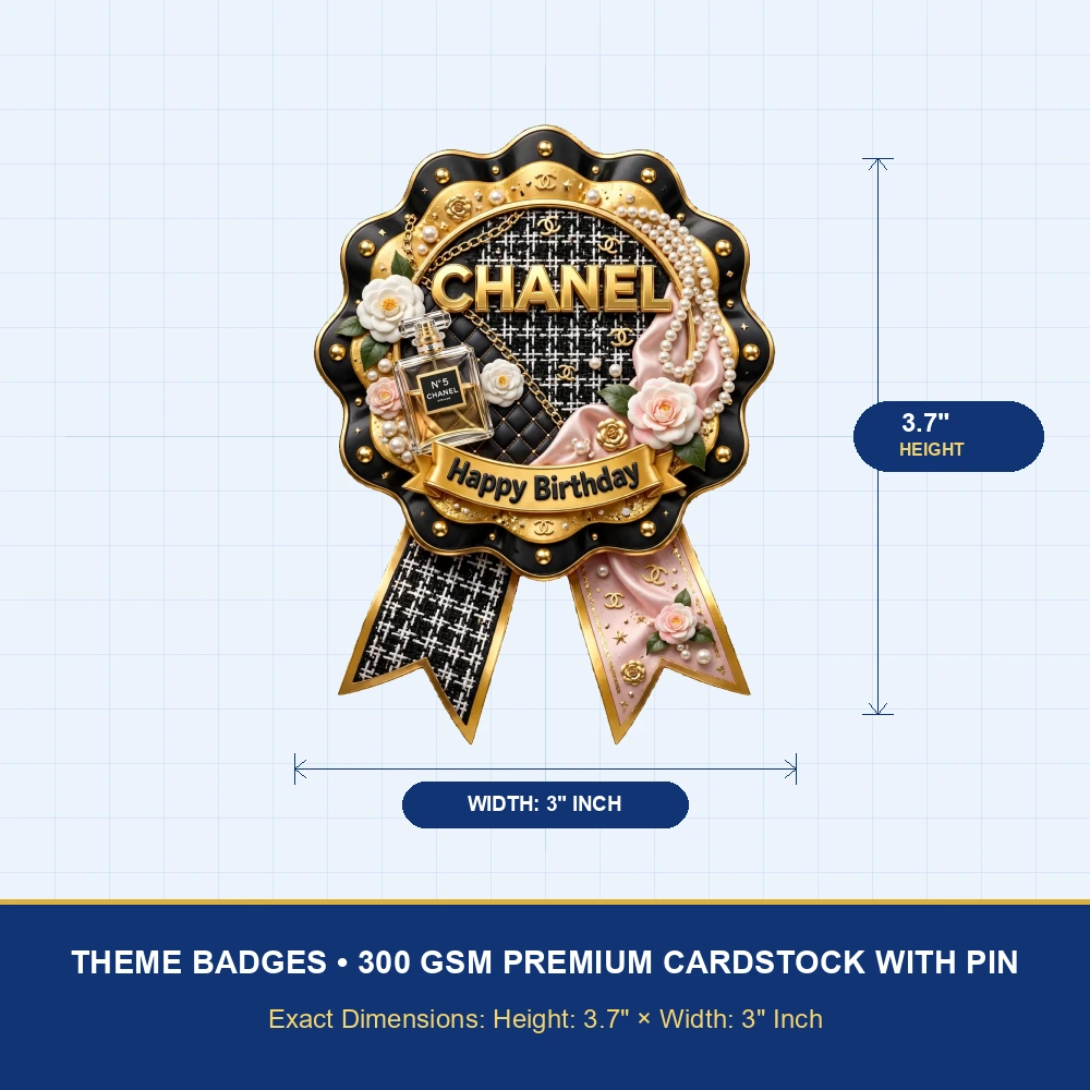 Chanel Theme Theme Badges Birthday Party Supplies (PACK OF 16) - 300 GSM Premium Cardstock with Pin (3.7 x 3 Inch) - Premium Party Decor Supply by Party Decor Mall - View 4