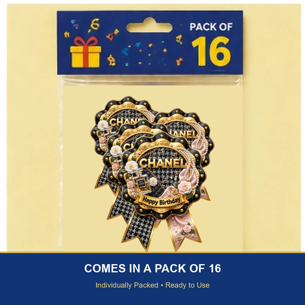 Chanel Theme Theme Badges Birthday Party Supplies (PACK OF 16) - 300 GSM Premium Cardstock with Pin (3.7 x 3 Inch) - Premium Party Decor Supply by Party Decor Mall - View 6