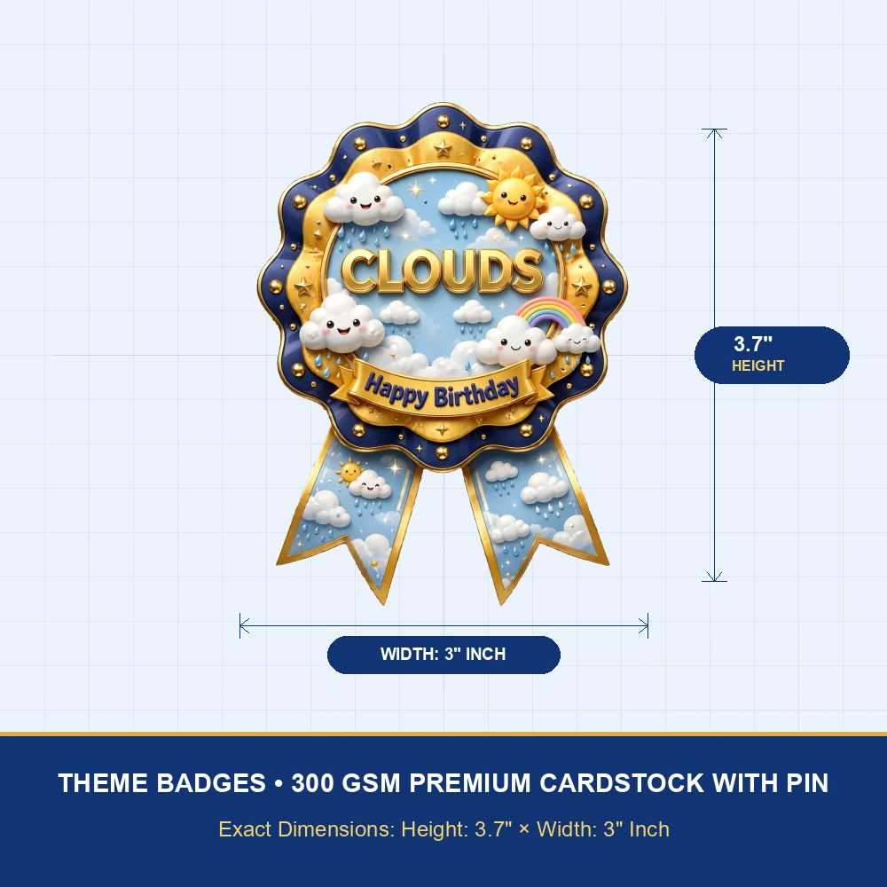 Clouds Theme Theme Badges Birthday Party Supplies (PACK OF 16) - 300 GSM Premium Cardstock with Pin (3.7 x 3 Inch) - Premium Party Decor Supply by Party Decor Mall - View 4