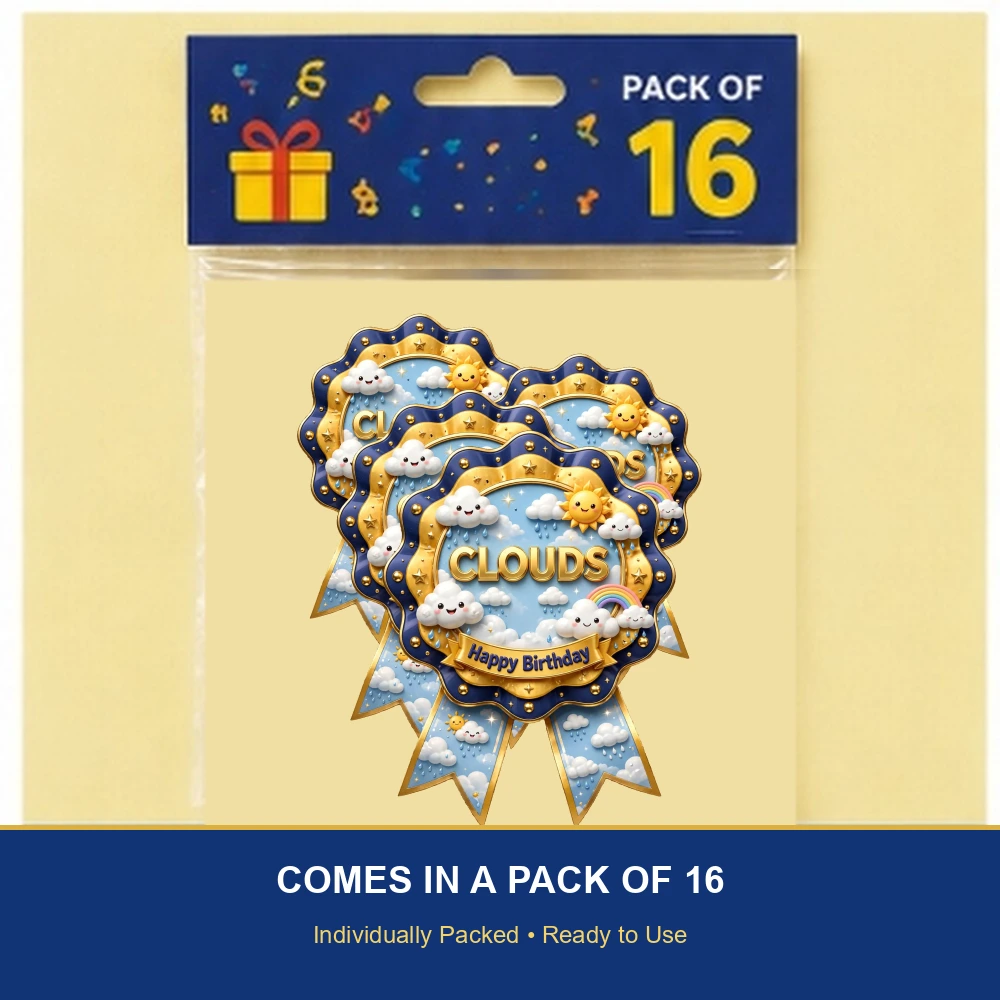 Clouds Theme Theme Badges Birthday Party Supplies (PACK OF 16) - 300 GSM Premium Cardstock with Pin (3.7 x 3 Inch) - Premium Party Decor Supply by Party Decor Mall - View 6