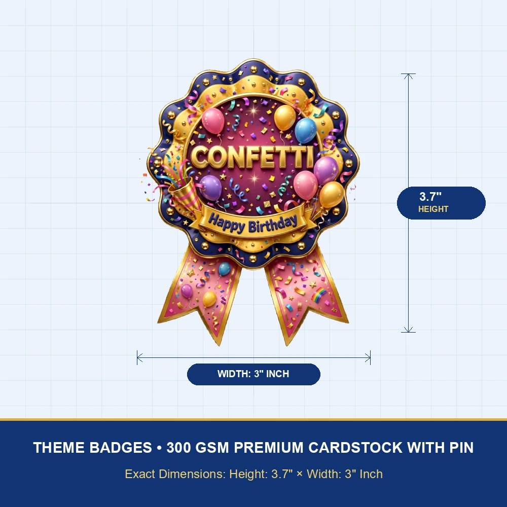Confetti Theme Theme Badges Birthday Party Supplies (PACK OF 16) - 300 GSM Premium Cardstock with Pin (3.7 x 3 Inch) - Premium Party Decor Supply by Party Decor Mall - View 4