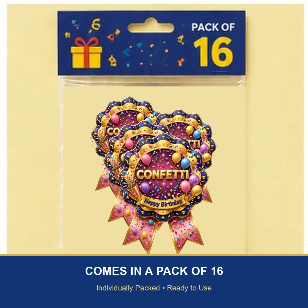 Confetti Theme Theme Badges Birthday Party Supplies (PACK OF 16) - 300 GSM Premium Cardstock with Pin (3.7 x 3 Inch) - Premium Party Decor Supply by Party Decor Mall - View 6