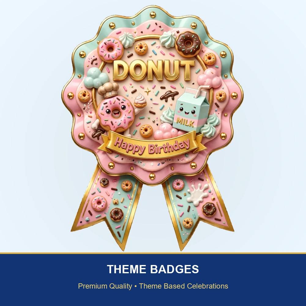 Donut Theme Theme Badges Birthday Party Supplies (PACK OF 16) - 300 GSM Premium Cardstock with Pin (3.7 x 3 Inch) - Premium Party Decor Supply by Party Decor Mall - View 2