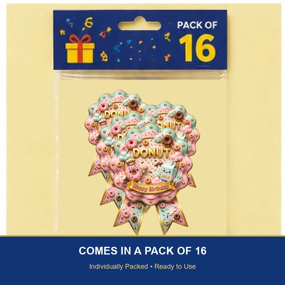 Donut Theme Theme Badges Birthday Party Supplies (PACK OF 16) - 300 GSM Premium Cardstock with Pin (3.7 x 3 Inch) - Premium Party Decor Supply by Party Decor Mall - View 6
