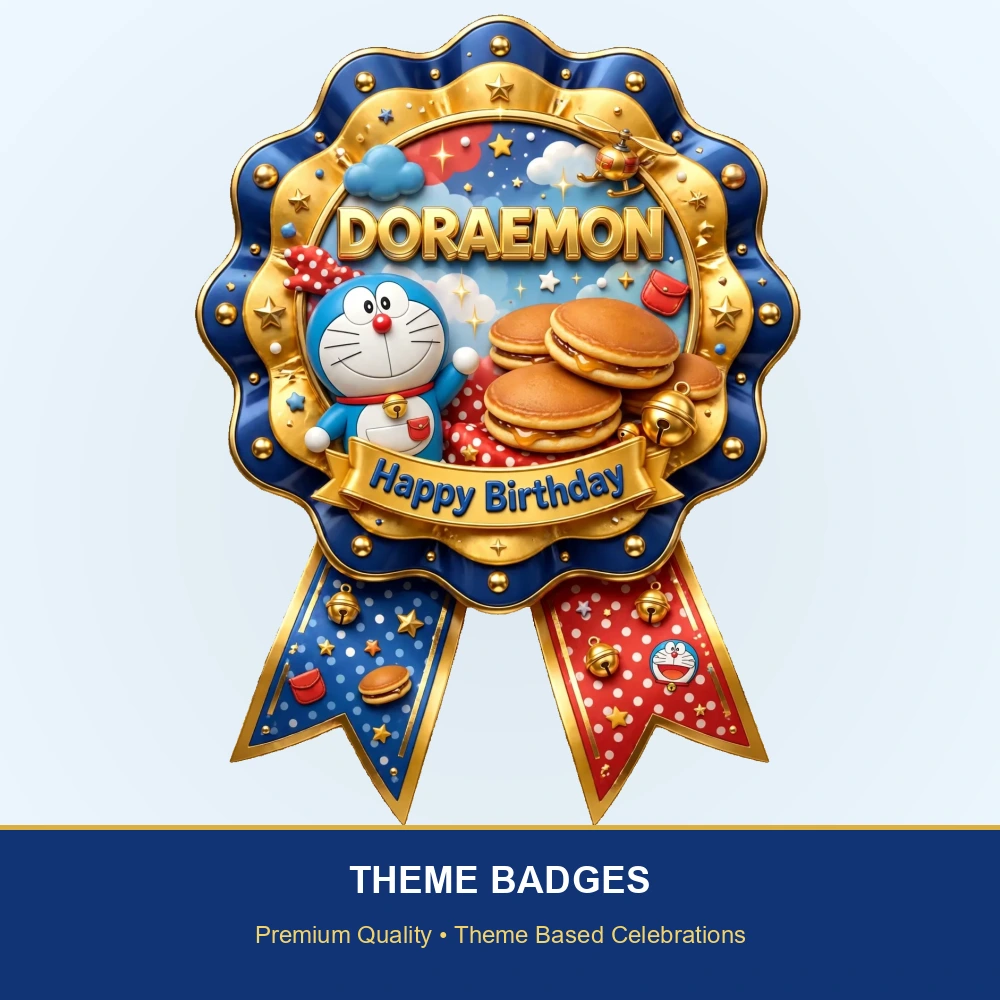 Doraemon Theme Theme Badges Birthday Party Supplies (PACK OF 16) - 300 GSM Premium Cardstock with Pin (3.7 x 3 Inch) - Premium Party Decor Supply by Party Decor Mall - View 2