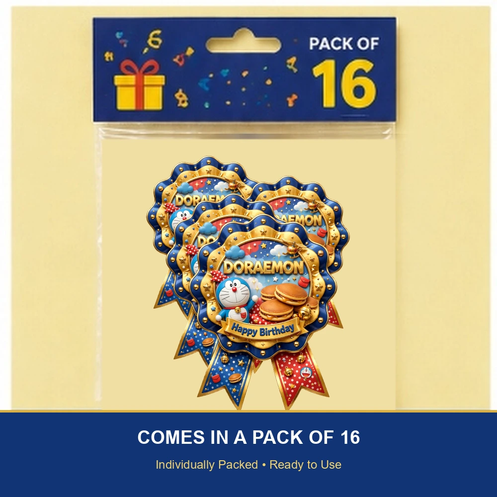 Doraemon Theme Theme Badges Birthday Party Supplies (PACK OF 16) - 300 GSM Premium Cardstock with Pin (3.7 x 3 Inch) - Premium Party Decor Supply by Party Decor Mall - View 6