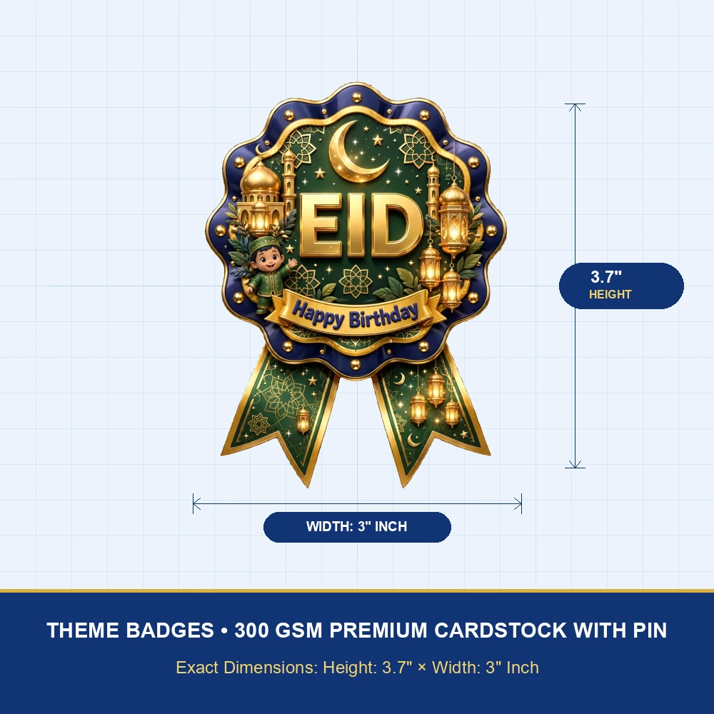 Eid Theme Theme Badges Birthday Party Supplies (PACK OF 16) - 300 GSM Premium Cardstock with Pin (3.7 x 3 Inch) - Premium Party Decor Supply by Party Decor Mall - View 4