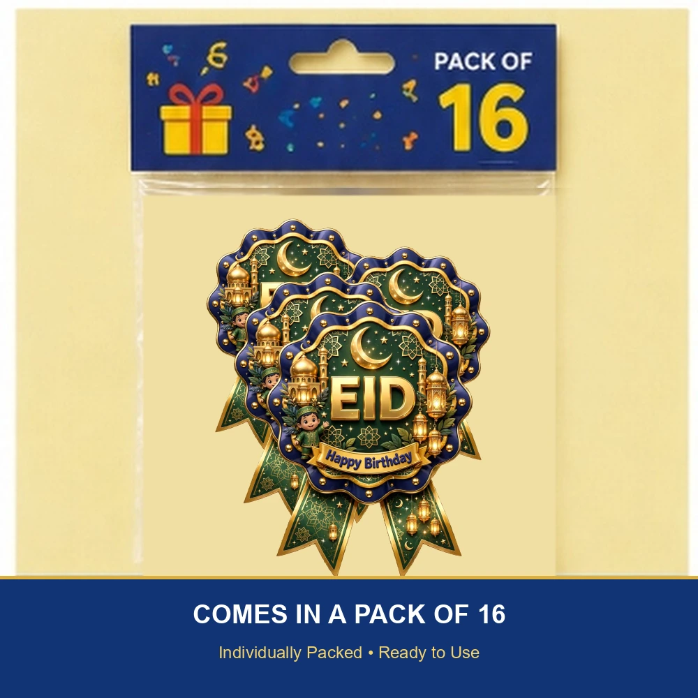 Eid Theme Theme Badges Birthday Party Supplies (PACK OF 16) - 300 GSM Premium Cardstock with Pin (3.7 x 3 Inch) - Premium Party Decor Supply by Party Decor Mall - View 6
