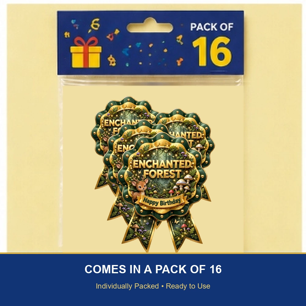 Enchanted Forest Theme Theme Badges Birthday Party Supplies (PACK OF 16) - 300 GSM Premium Cardstock with Pin (3.7 x 3 Inch) - Premium Party Decor Supply by Party Decor Mall - View 6