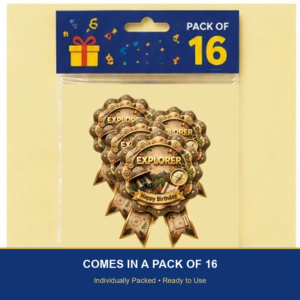 Explorer Theme Theme Badges Birthday Party Supplies (PACK OF 16) - 300 GSM Premium Cardstock with Pin (3.7 x 3 Inch) - Premium Party Decor Supply by Party Decor Mall - View 6