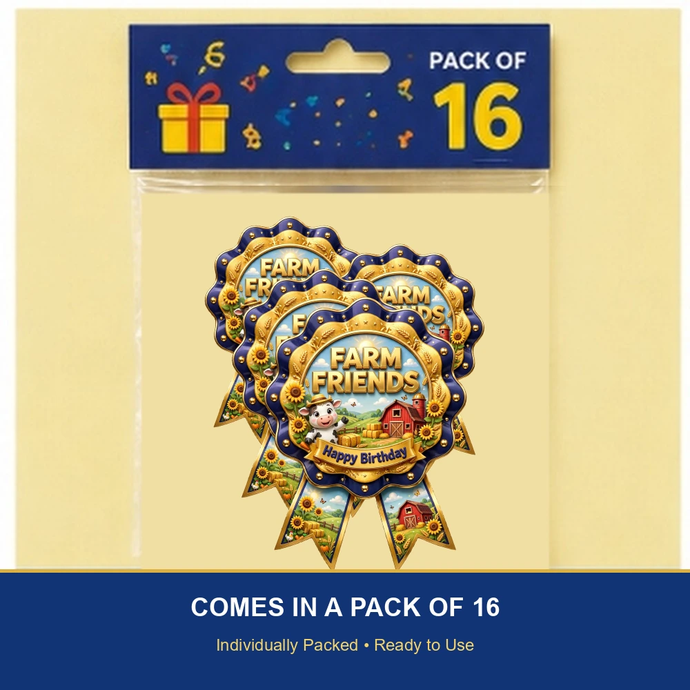 Farm Friends Theme Theme Badges Birthday Party Supplies (PACK OF 16) - 300 GSM Premium Cardstock with Pin (3.7 x 3 Inch) - Premium Party Decor Supply by Party Decor Mall - View 6