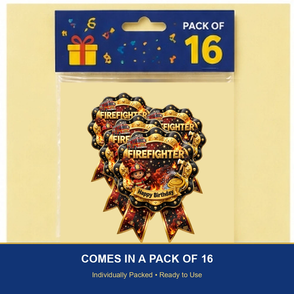 Firefighter Theme Theme Badges Birthday Party Supplies (PACK OF 16) - 300 GSM Premium Cardstock with Pin (3.7 x 3 Inch) - Premium Party Decor Supply by Party Decor Mall - View 6