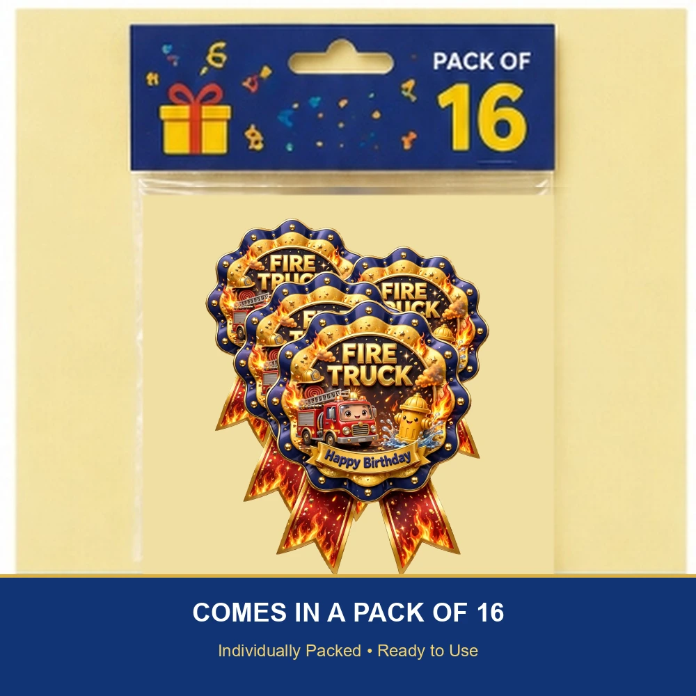 Fire Truck Theme Theme Badges Birthday Party Supplies (PACK OF 16) - 300 GSM Premium Cardstock with Pin (3.7 x 3 Inch) - Premium Party Decor Supply by Party Decor Mall - View 6