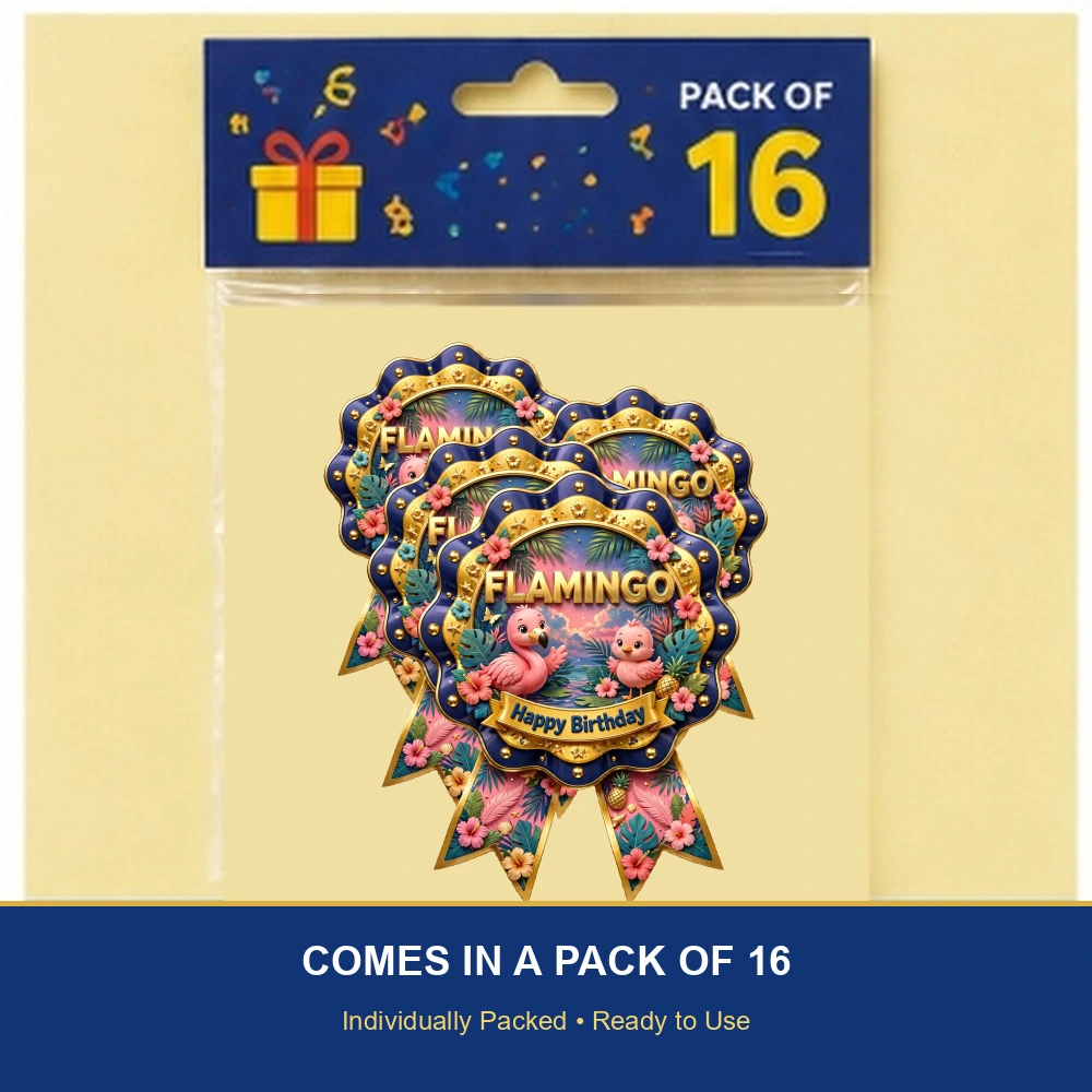 Flamingo Theme Theme Badges Birthday Party Supplies (PACK OF 16) - 300 GSM Premium Cardstock with Pin (3.7 x 3 Inch) - Premium Party Decor Supply by Party Decor Mall - View 6