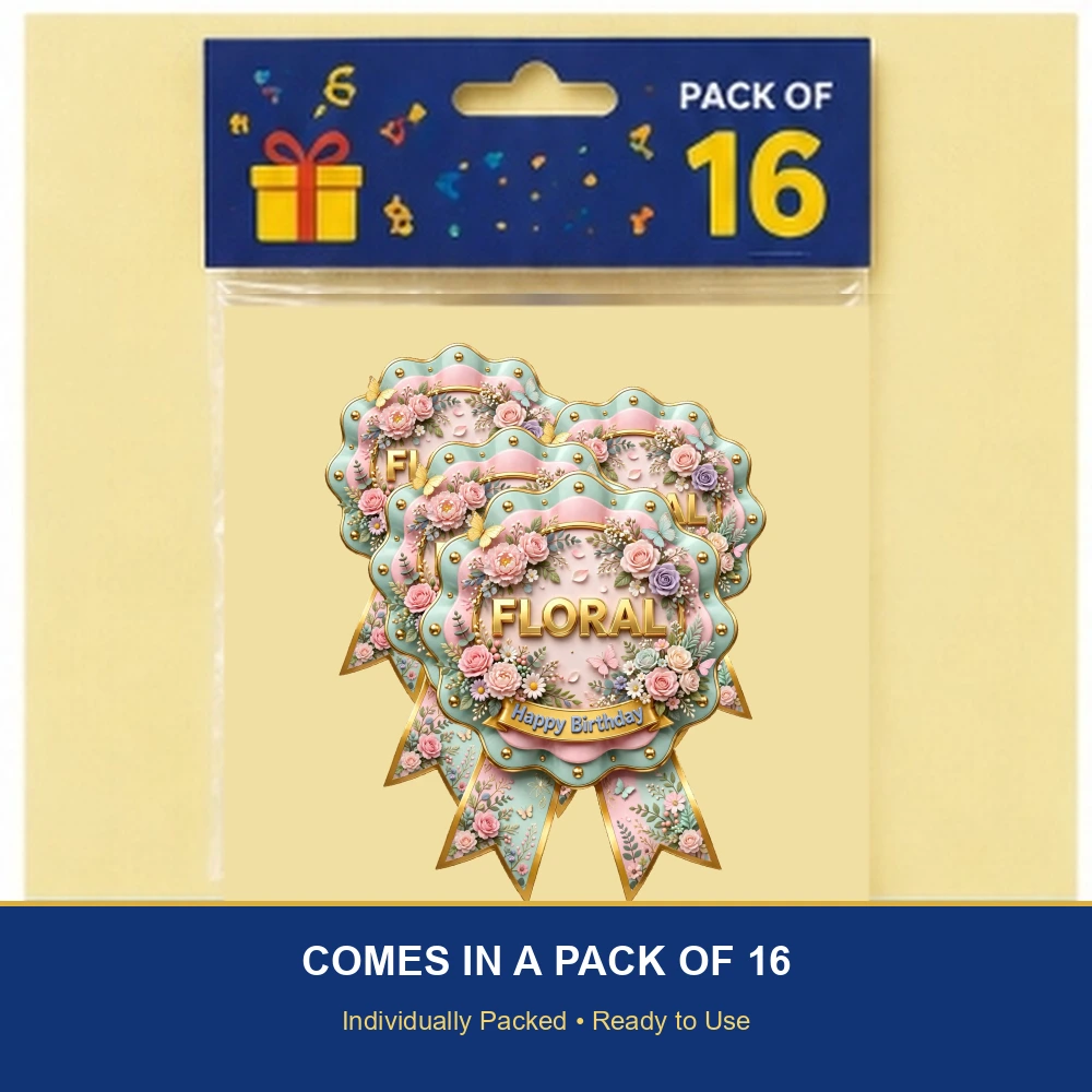 Floral Theme Theme Badges Birthday Party Supplies (PACK OF 16) - 300 GSM Premium Cardstock with Pin (3.7 x 3 Inch) - Premium Party Decor Supply by Party Decor Mall - View 6