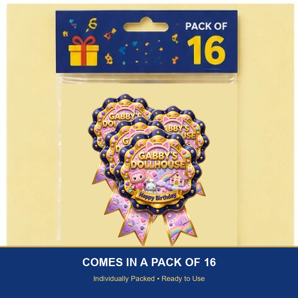 Gabby's Dollhouse Theme Theme Badges Birthday Party Supplies (PACK OF 16) - 300 GSM Premium Cardstock with Pin (3.7 x 3 Inch) - Premium Party Decor Supply by Party Decor Mall - View 6