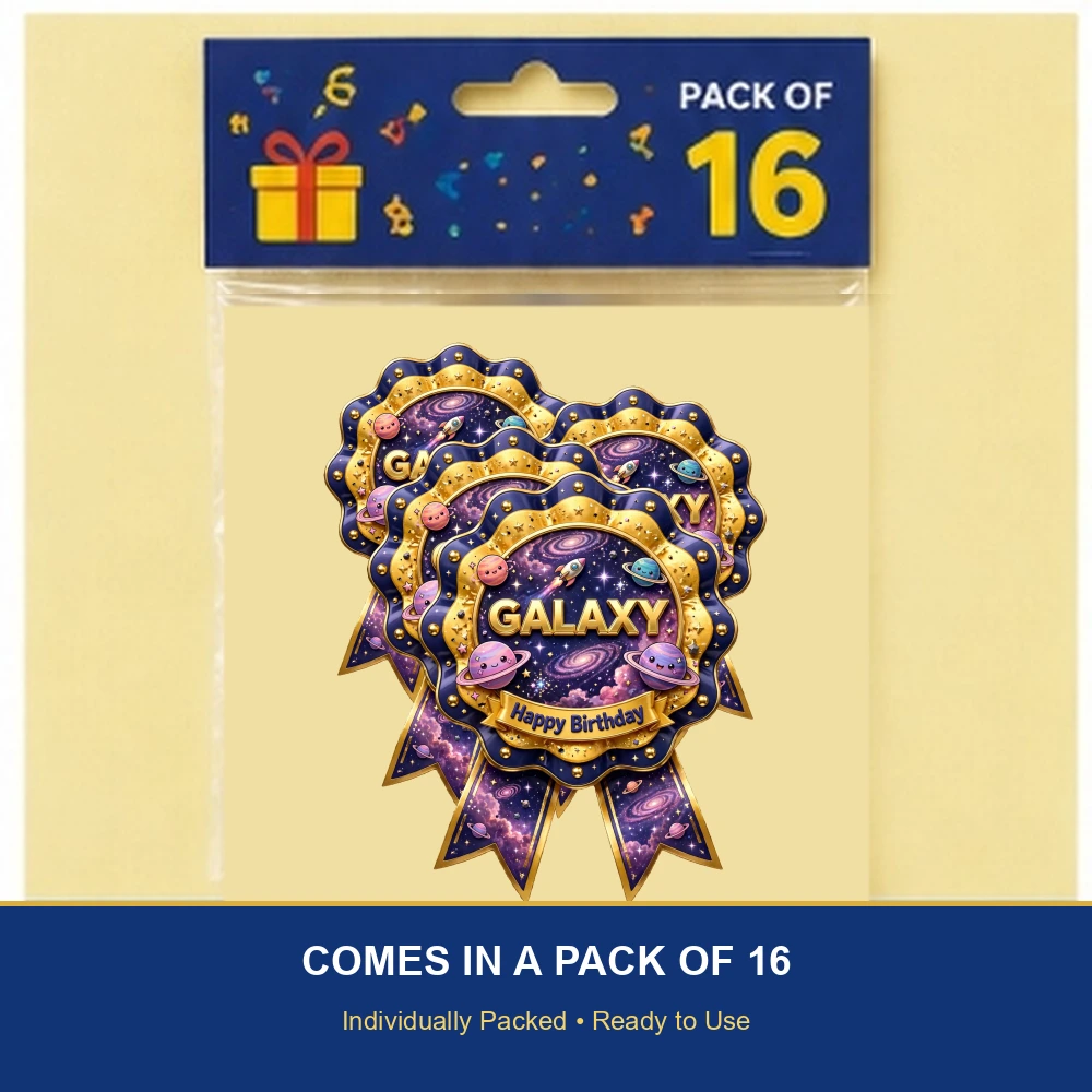 Galaxy Theme Theme Badges Birthday Party Supplies (PACK OF 16) - 300 GSM Premium Cardstock with Pin (3.7 x 3 Inch) - Premium Party Decor Supply by Party Decor Mall - View 6