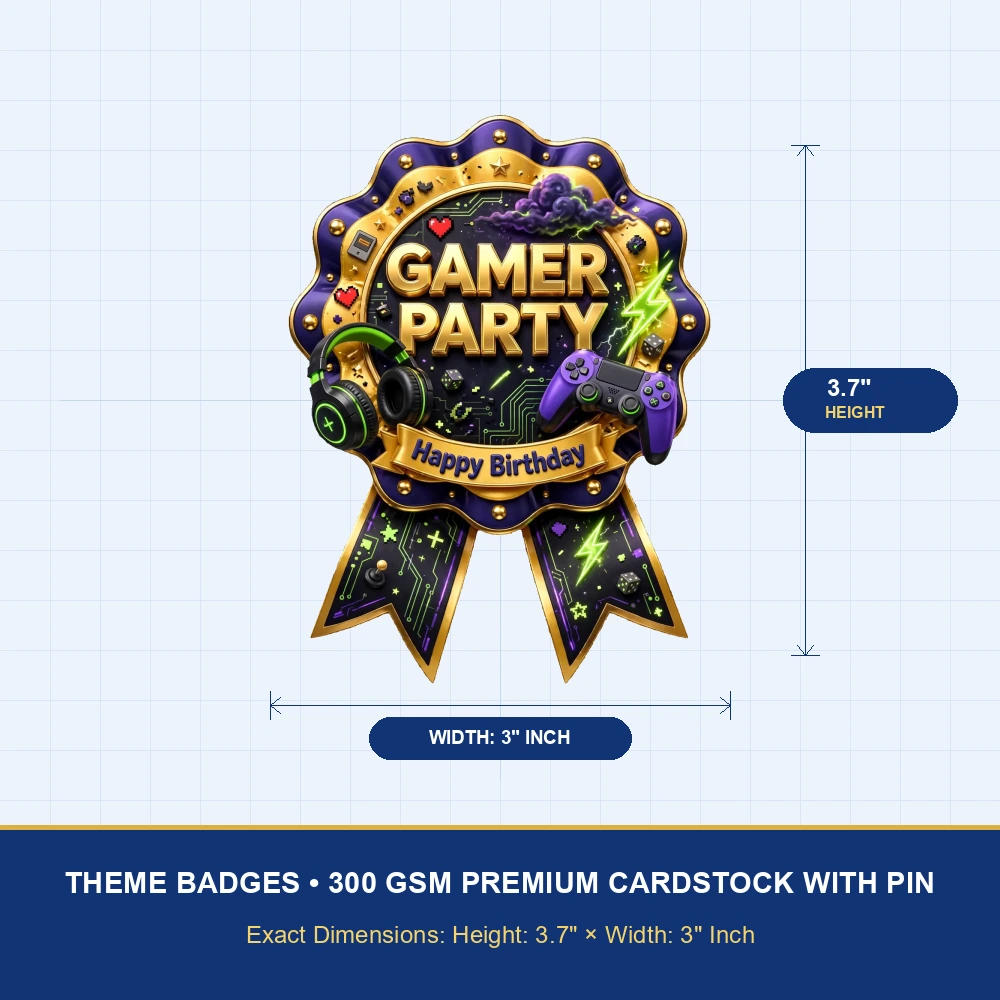 Gamer Party Theme Theme Badges Birthday Party Supplies (PACK OF 16) - 300 GSM Premium Cardstock with Pin (3.7 x 3 Inch) - Premium Party Decor Supply by Party Decor Mall - View 4