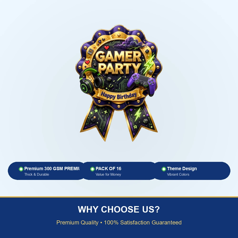 Gamer Party Theme Theme Badges Birthday Party Supplies (PACK OF 16) - 300 GSM Premium Cardstock with Pin (3.7 x 3 Inch) - Premium Party Decor Supply by Party Decor Mall - View 7