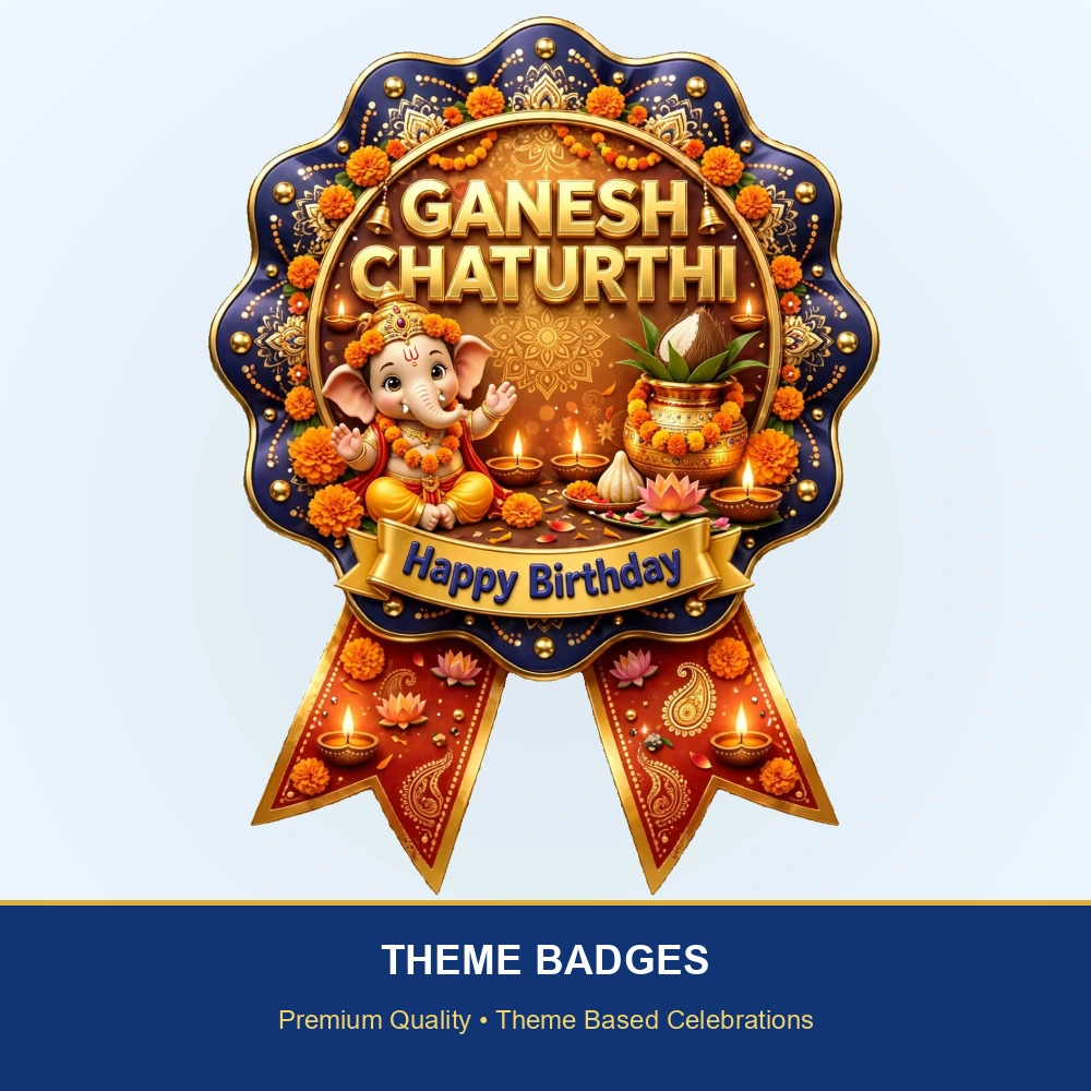 Ganesh Chaturthi Theme Theme Badges Birthday Party Supplies (PACK OF 16) - 300 GSM Premium Cardstock with Pin (3.7 x 3 Inch) - Premium Party Decor Supply by Party Decor Mall - View 2