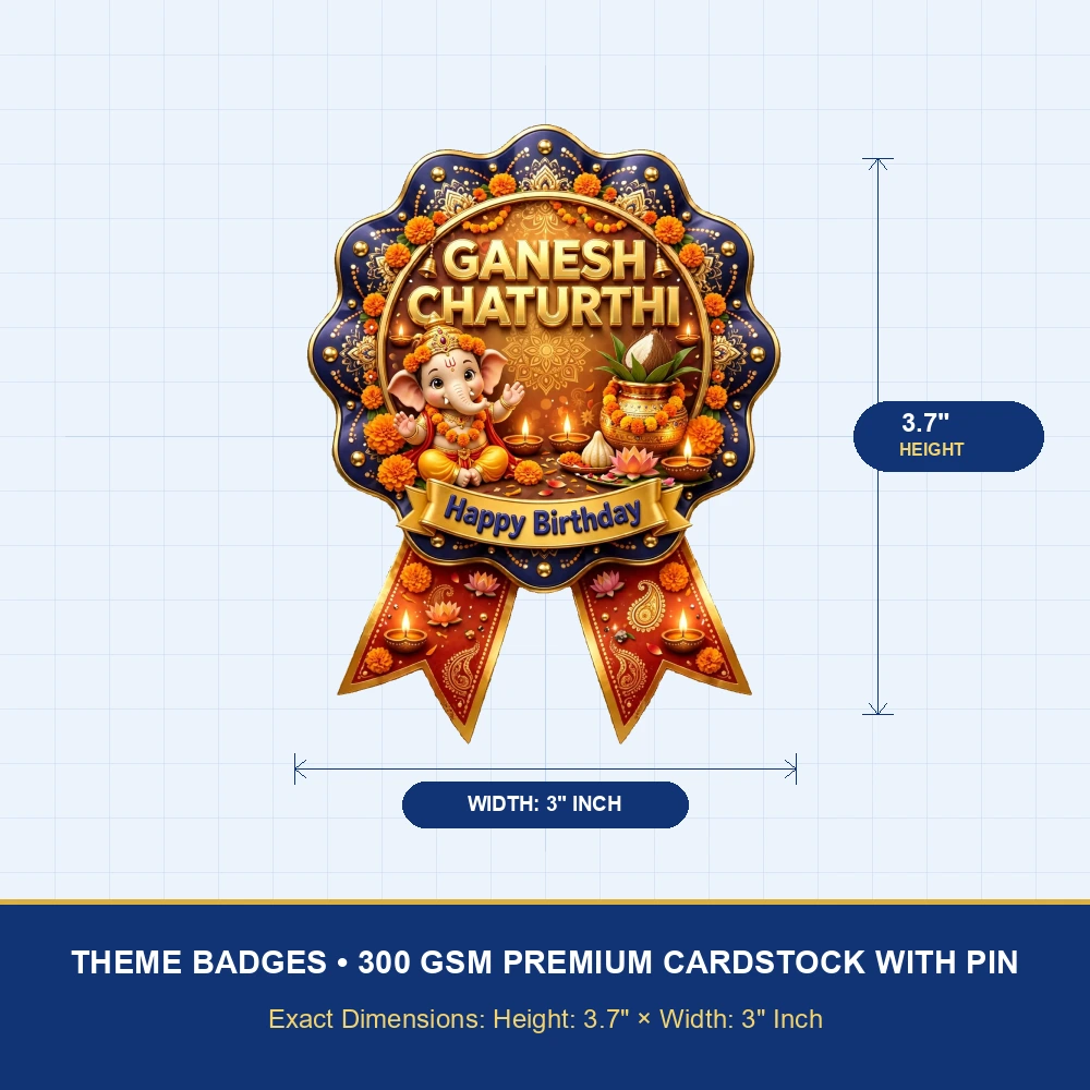 Ganesh Chaturthi Theme Theme Badges Birthday Party Supplies (PACK OF 16) - 300 GSM Premium Cardstock with Pin (3.7 x 3 Inch) - Premium Party Decor Supply by Party Decor Mall - View 4