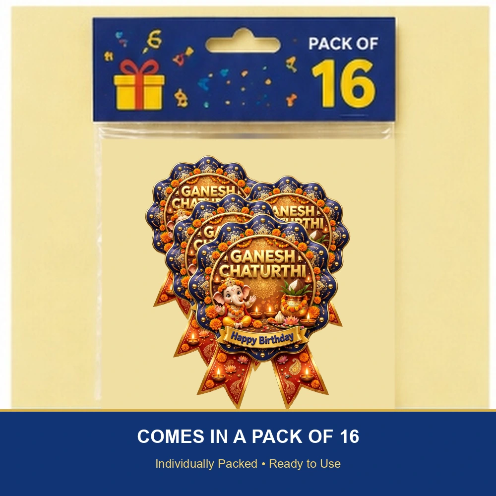 Ganesh Chaturthi Theme Theme Badges Birthday Party Supplies (PACK OF 16) - 300 GSM Premium Cardstock with Pin (3.7 x 3 Inch) - Premium Party Decor Supply by Party Decor Mall - View 6