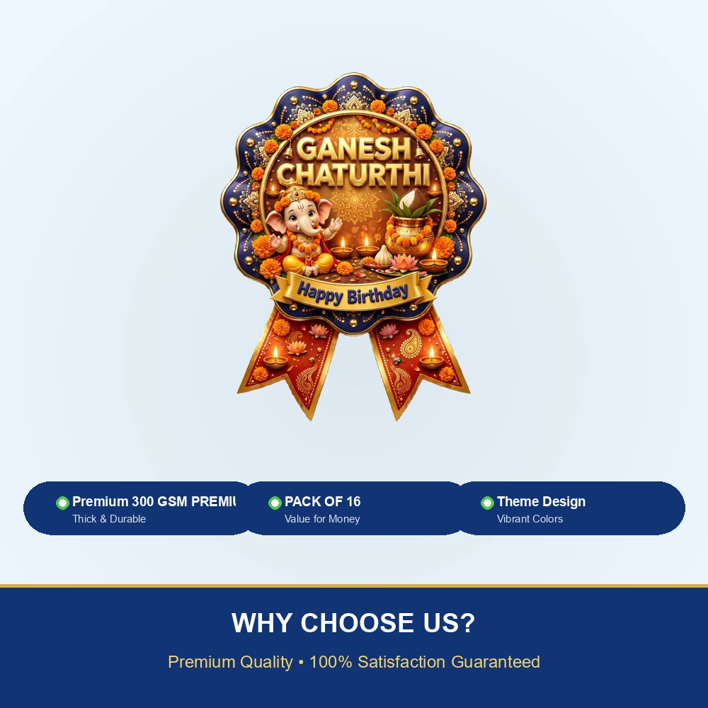 Ganesh Chaturthi Theme Theme Badges Birthday Party Supplies (PACK OF 16) - 300 GSM Premium Cardstock with Pin (3.7 x 3 Inch) - Premium Party Decor Supply by Party Decor Mall - View 7
