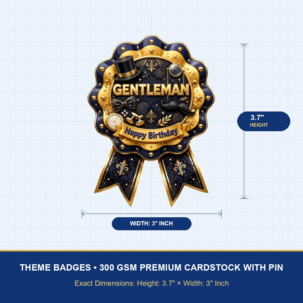 Gentleman Theme Theme Badges Birthday Party Supplies (PACK OF 16) - 300 GSM Premium Cardstock with Pin (3.7 x 3 Inch) - Premium Party Decor Supply by Party Decor Mall - View 4