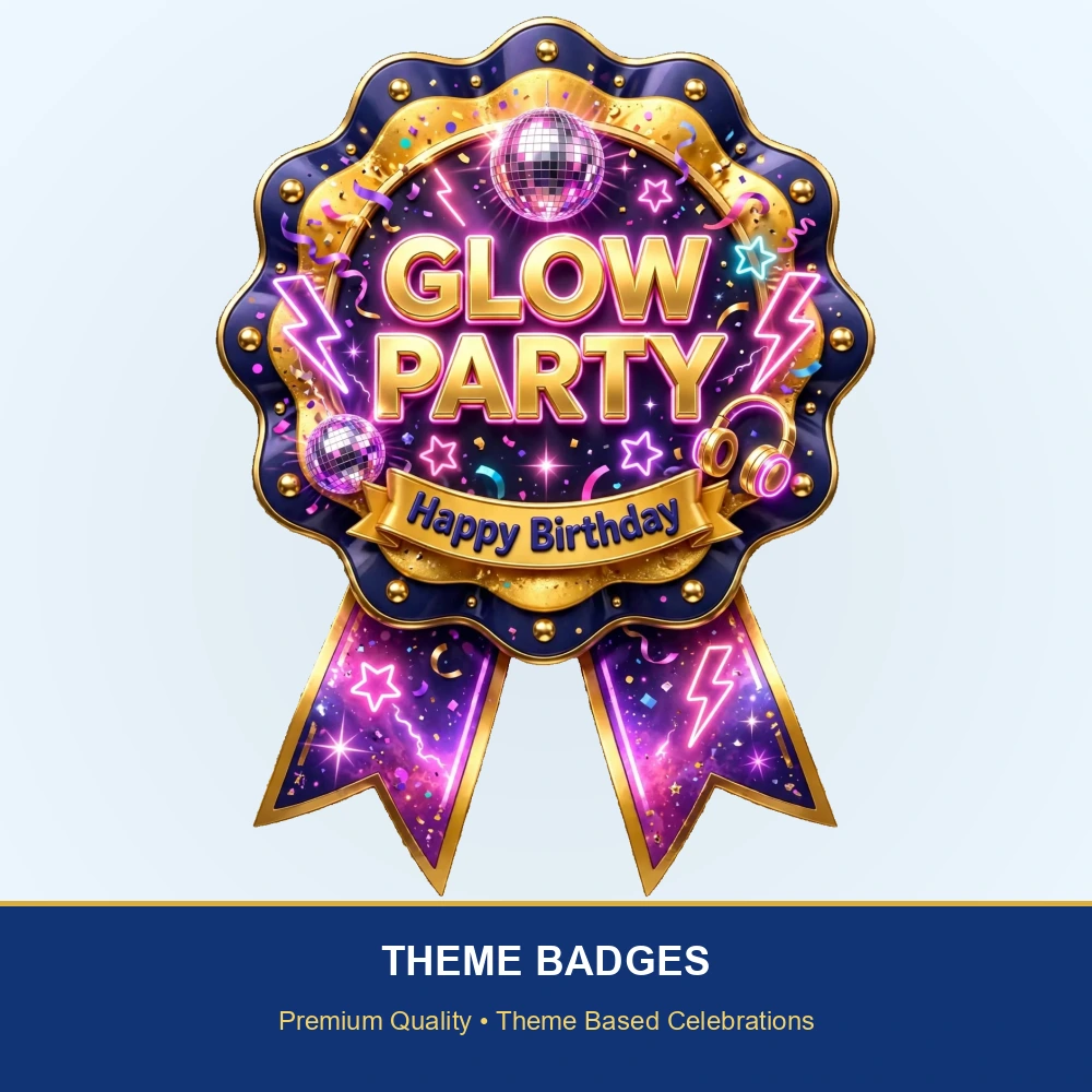 Glow Party Theme Theme Badges Birthday Party Supplies (PACK OF 16) - 300 GSM Premium Cardstock with Pin (3.7 x 3 Inch) - Premium Party Decor Supply by Party Decor Mall - View 2